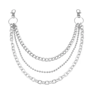 Three-layer silver metal pants chain with punk style link chains and lobster clasps