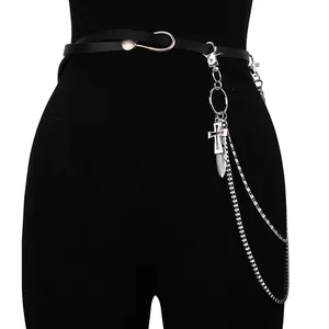 Ceinture de taille gothique double couche avec pendentifs croix et plume en argent