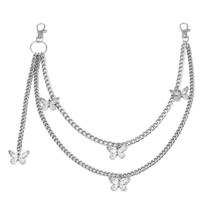 Hip hop silver multi-layer metal pants chain with butterfly charms for Y2K punk style