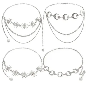 Bohemian silver sun and moon layered body chain belt with polished metal charms