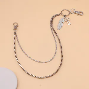 Double-layered silver metal pant chain with hollow cross and feather pendants