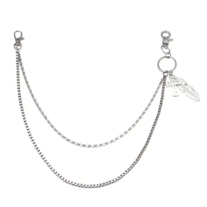 Double-layered silver street style waist chain with cross and feather pendants