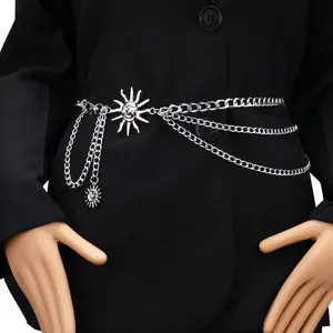 Multi-layer silver metal chain belt with sun pendants and engraved smiley face detail