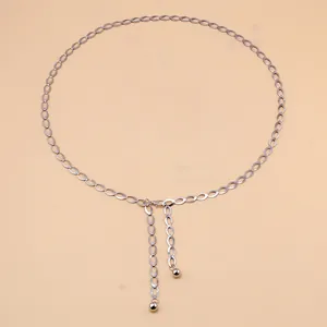Detail van de zilveren metalen taailleketting met ovale schakels en karabijnsluiting