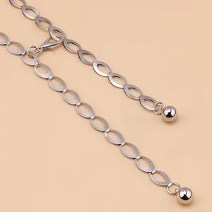 Detail van zilveren metalen tailleketing met ovale schakels en een karabijnsluiting