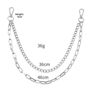 Close-up of double layer silver metal pant chain with lobster clasps and measurements
