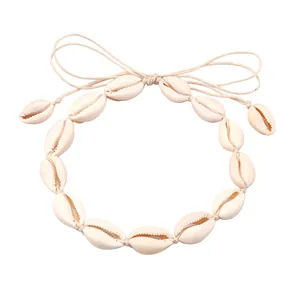 Handmade bohemian white cowrie shell necklace with adjustable cord for summer beach style