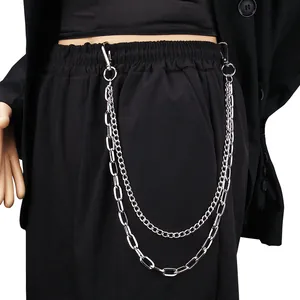 Double-layer silver metal pants chain with punk style link chains and lobster clasps