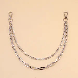 Double-layered silver metal waist chain with thick flat links and lobster clasps