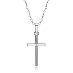Elegant silver cross pendant necklace with polished zircon inlay on a delicate chain