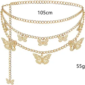 Detailed view of multilayer gold waist chain with hollow butterfly charms and 105cm length