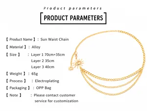 Detail of layered gold sun waist chain showing material specs and multi-tier design