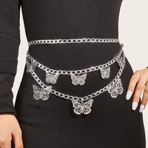 Three-layer silver metal waist chain featuring multiple hollow butterfly pendants