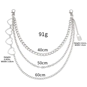 Detail showing multi-layer silver heart pants chain with 40cm, 50cm, and 60cm lengths