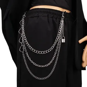 Three-layer silver punk waist chain with hollow heart charms and a mini padlock pendant