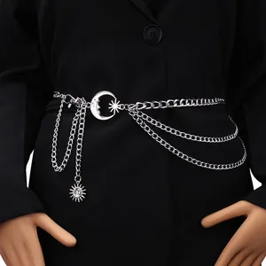 Multilayer silver sun and moon metal waist chain belt for women on black outfit