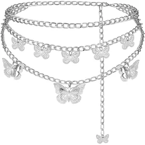 Detail of silver layered waist chain with hollow butterfly pendants and long metal tassels