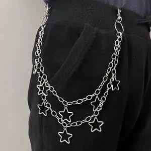 Double-layered silver metal waist chain with pentagram star pendants in punk style