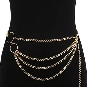 Multilayer gold metal body chain with four layers of chains and double ring accents