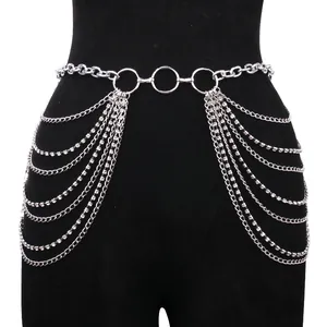 Multi-layer silver metal waist chain with rhinestone tassels for sexy body jewelry