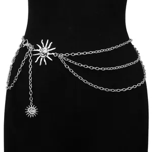 Silver multi-layer waist chain featuring sun mask pendants and adjustable lobster clasp