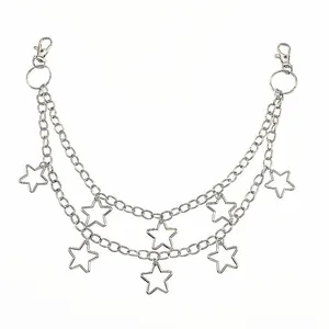 Double layered punk style metal waist chain with seven hollow star pendants in silver