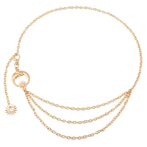 Golden multi-layer moon and sun metal waist chain with adjustable lobster clasp closure