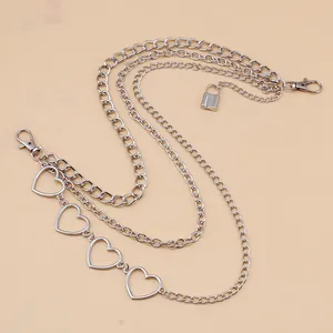 Silver multi-layer heart and lock pendant metal waist chain with lobster clasps