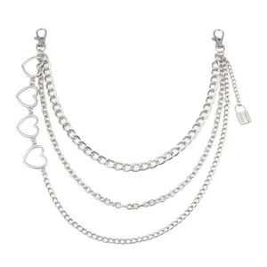 Three-layer silver metal waist chain featuring hollow hearts and a padlock pendant