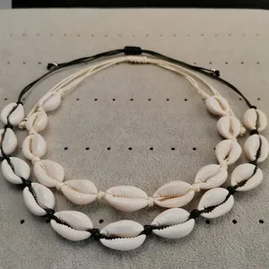 Natural white shell woven necklace and anklet set with adjustable cords for beach style