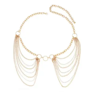 Gold multi-layer tassel waist chain with rhinestone accents and adjustable lobster clasp