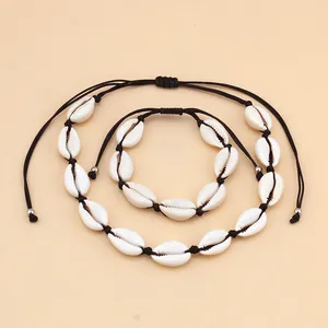 Natural white cowrie shell necklace and bracelet set with adjustable black woven cord