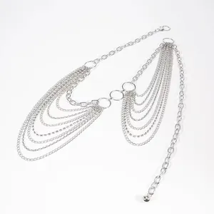 Detail of multi-layer silver body chain with rhinestones and fringe on white background
