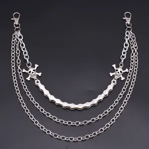 Three-layer silver metal wallet chain with skull pendants and bicycle chain design