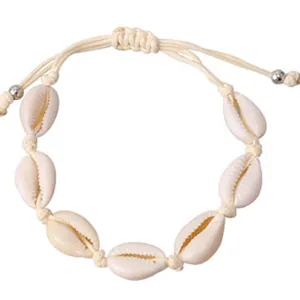 Bohemian natural cowrie shell necklace with adjustable beige woven rope and silver beads