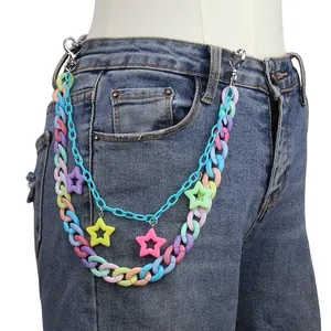 Colorful acrylic macaron star pendant multi-layer waist chain on blue denim jeans