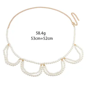 Detail of French vintage pearl waist chain with elegant gold layers for dresses
