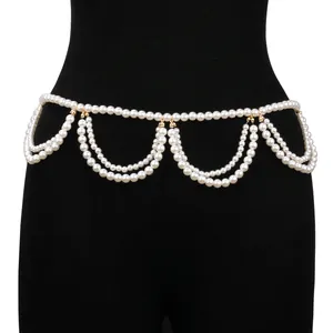 Vintage French Pearl Waist Chain For Women Alloy Gold Silver Metal Link Tassel Belt Decorative Body Chain Accessory For Dress
