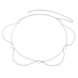 Mehrlagige Kunstperlen-Taillenkette mit silbernen Herzen für elegante Kleiderdekorationen