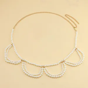 French vintage pearl waist chain with gold metal links for elegant dress styling
