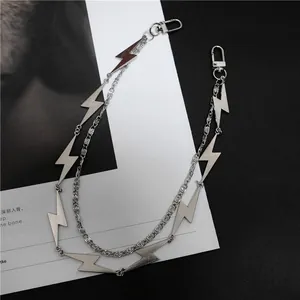 Punk silver double-layered pants chain with lightning bolt pendants and metal hooks