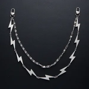 Punk style silver layered pant chain with lightning bolt metal links and dual clasps