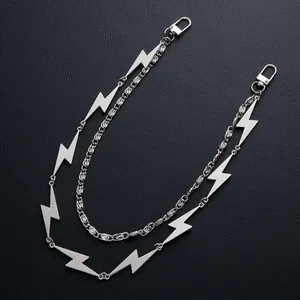 Punk Metal Double Layer Pants Chain With Lightning Bolt Charms Gothic Silver Waist Chain For Jeans Women Men Jewelry