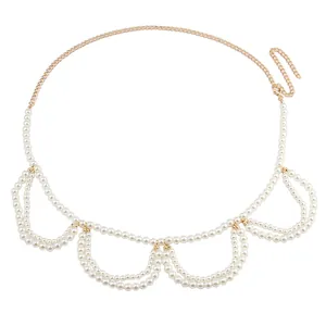 French vintage pearl waist chain with layered drapes and gold metal links for dresses