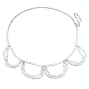 Detail of elegant pearl waist chain with layered bead tassels and adjustable lobster clasp