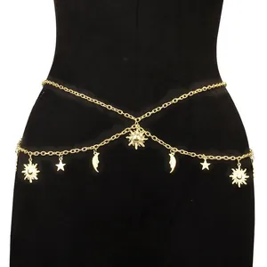 Gold celestial body chain featuring sun moon and star charms with layered metal links
