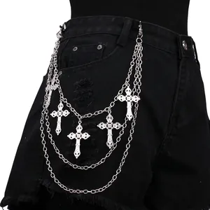 Gothic Punk Multi Layer Cross Pendant Pant Chain Metal Alloy Waist Belt Link For Women Jeans Streetwear Hip Hop Accessory