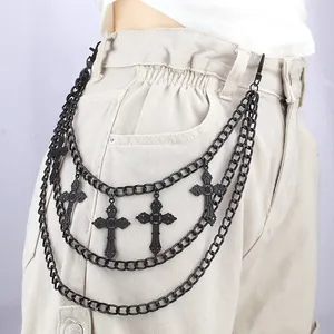 Gothic multilayer black cross pendant waist chain for punk and streetwear styling