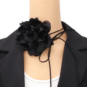 Elegant black 3D fabric flower choker necklace with long adjustable ribbon ties