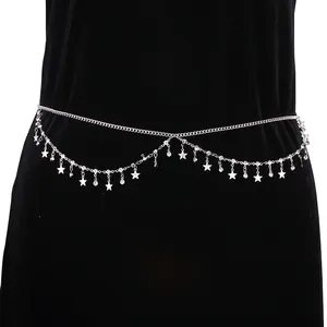 Elegante catena in vita argento a doppio strato con ciondoli a stella e strass scintillanti